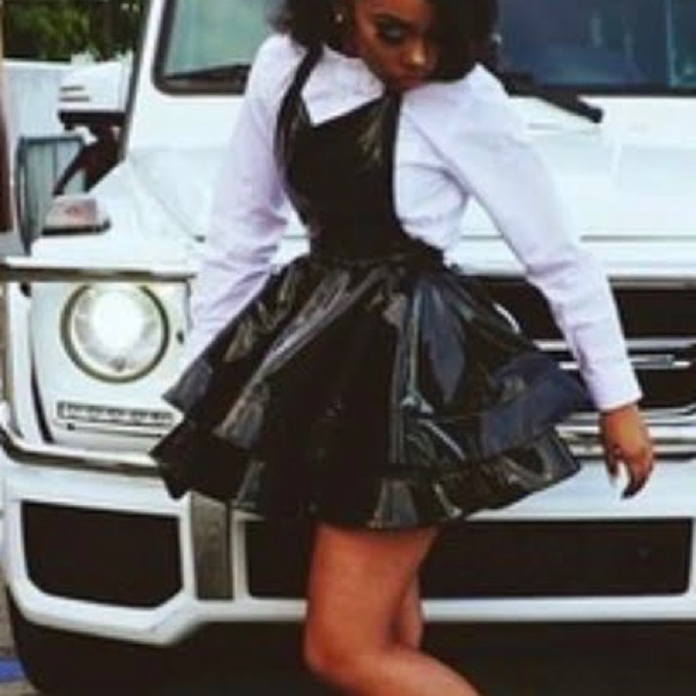 black latex ruffled mini dress
